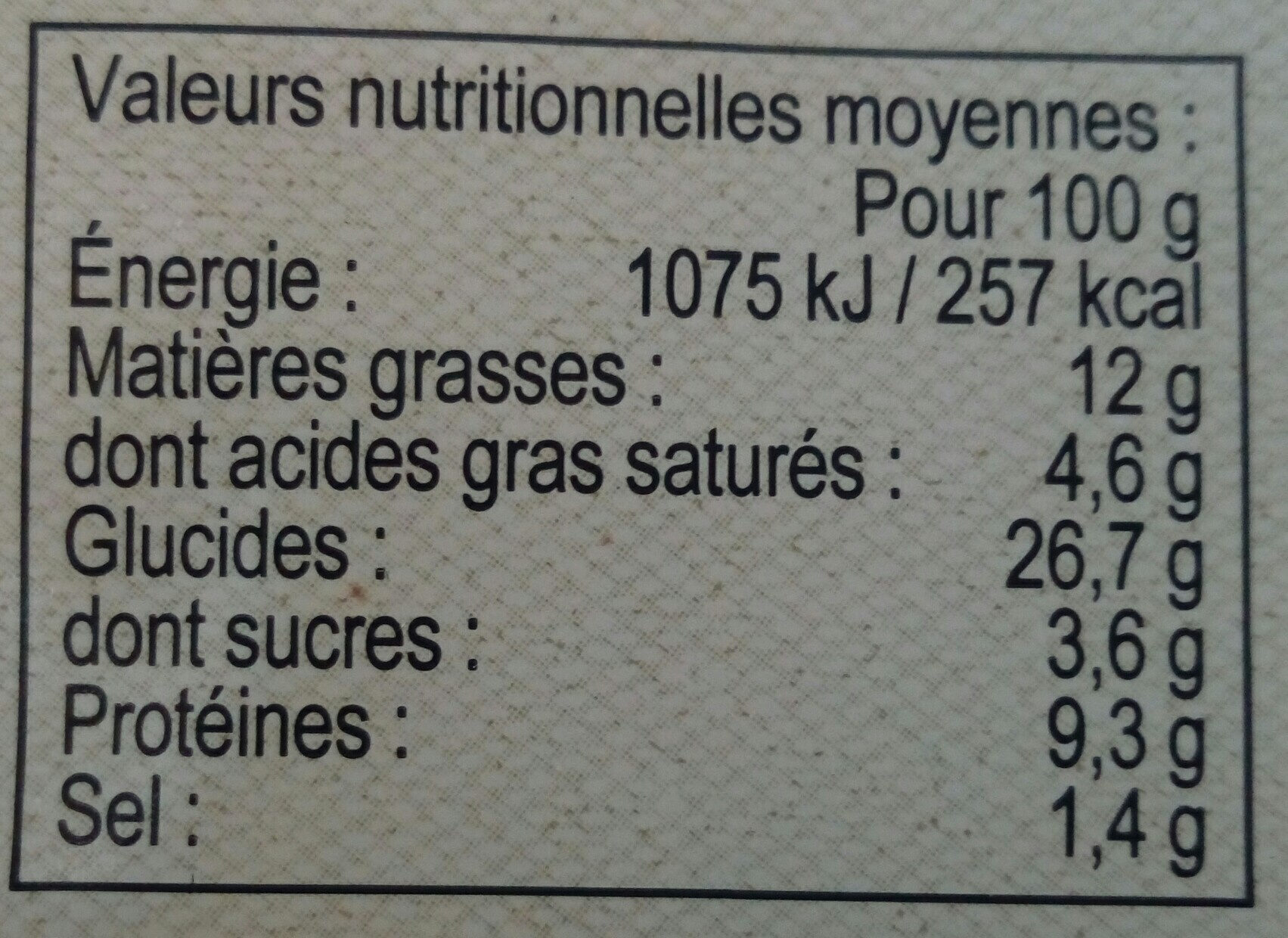 Chausson façon tajine - Nutrition facts - fr