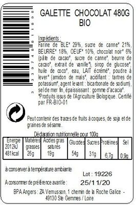 La Galette Sablée fourrage Chocolat Bio 480g - Ingredients