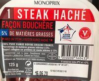 Steak Haché Frais Pur Boeuf 125 gr - Nutrition facts - fr