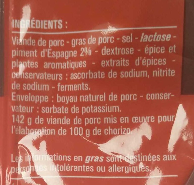Chorizo fort - Ingredients - fr