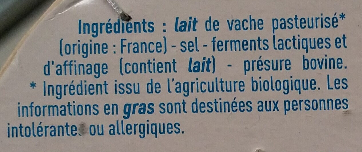 Bio Camembert au lait pasteurisé onctueux - Ingredients - fr