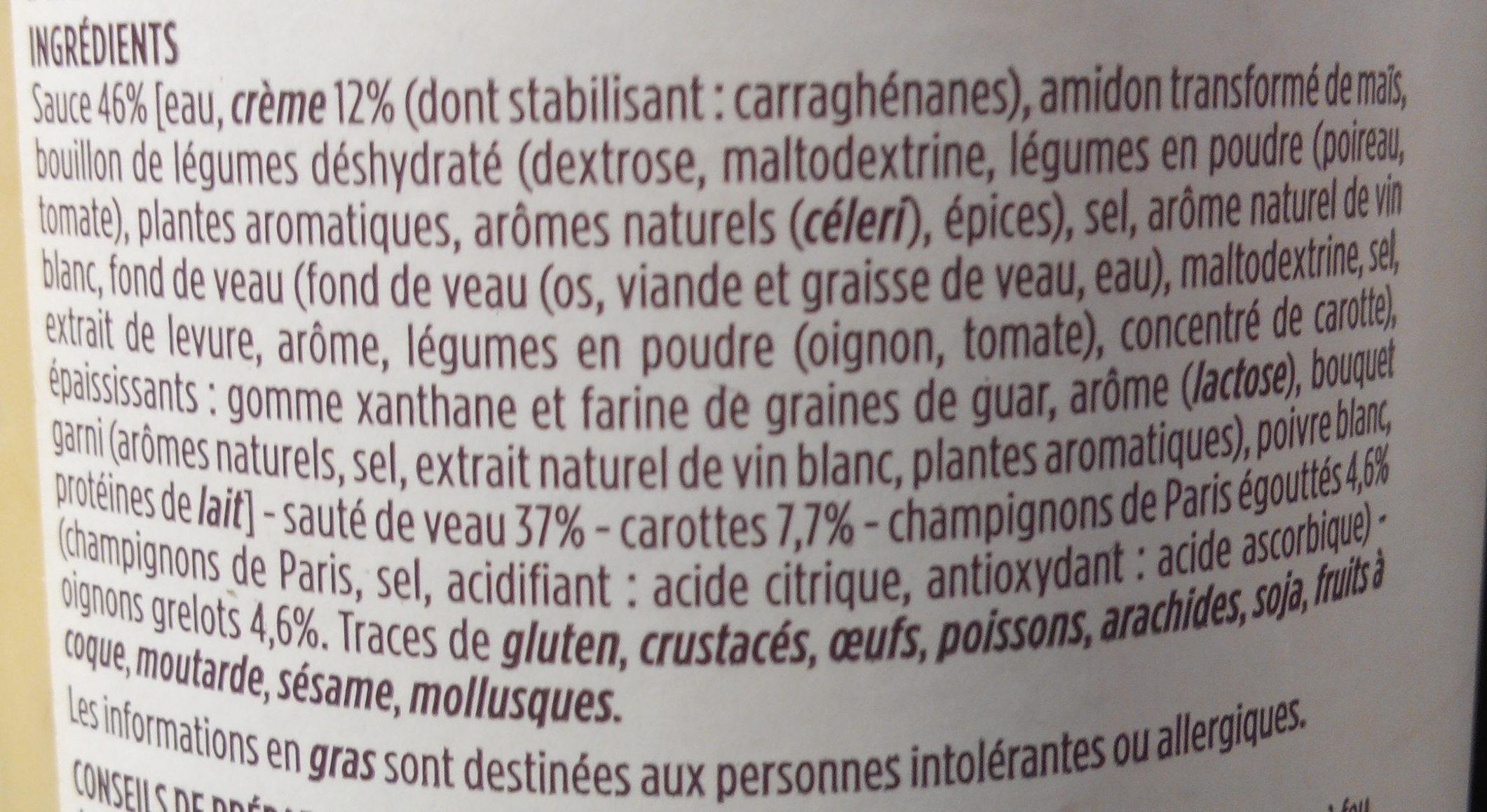 Blanquette sauté de veau et ses 3 légumes - Ingredients - fr