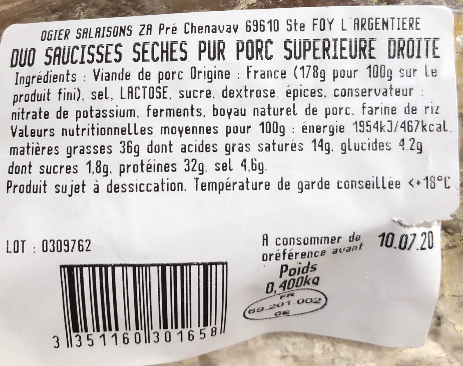 Saucisse seche - Nutrition facts - fr