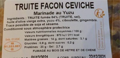 Truite facon ceviche - Nutrition facts - fr