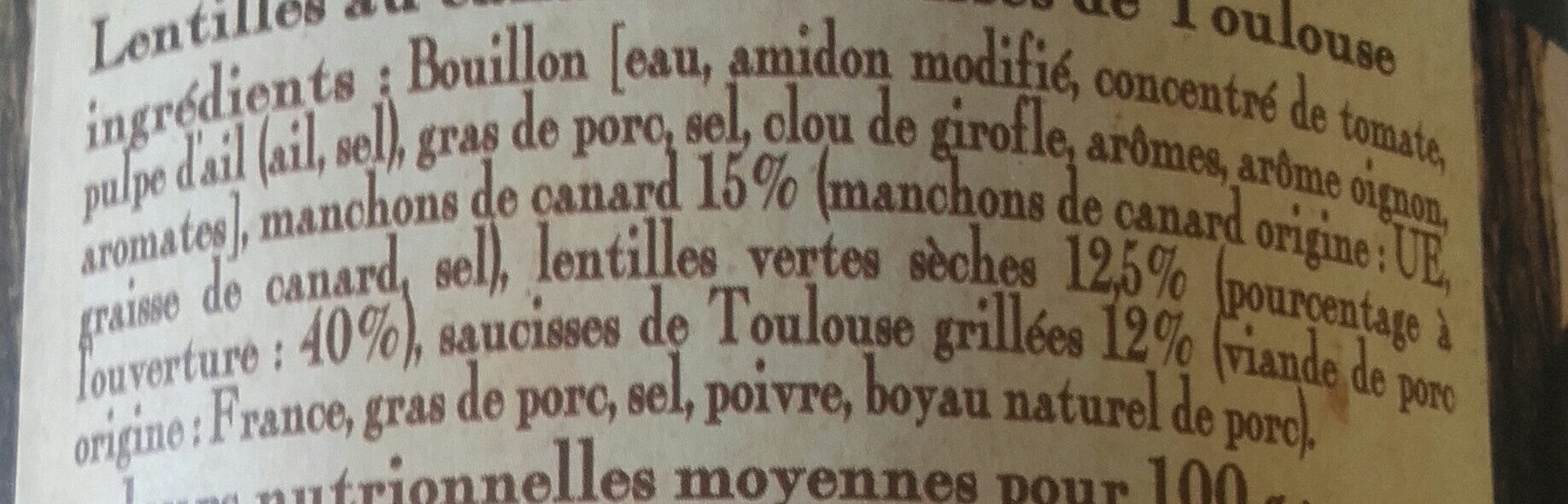 Les lentilles au confit de canard et saucisses de Toulouse - Ingredients - fr