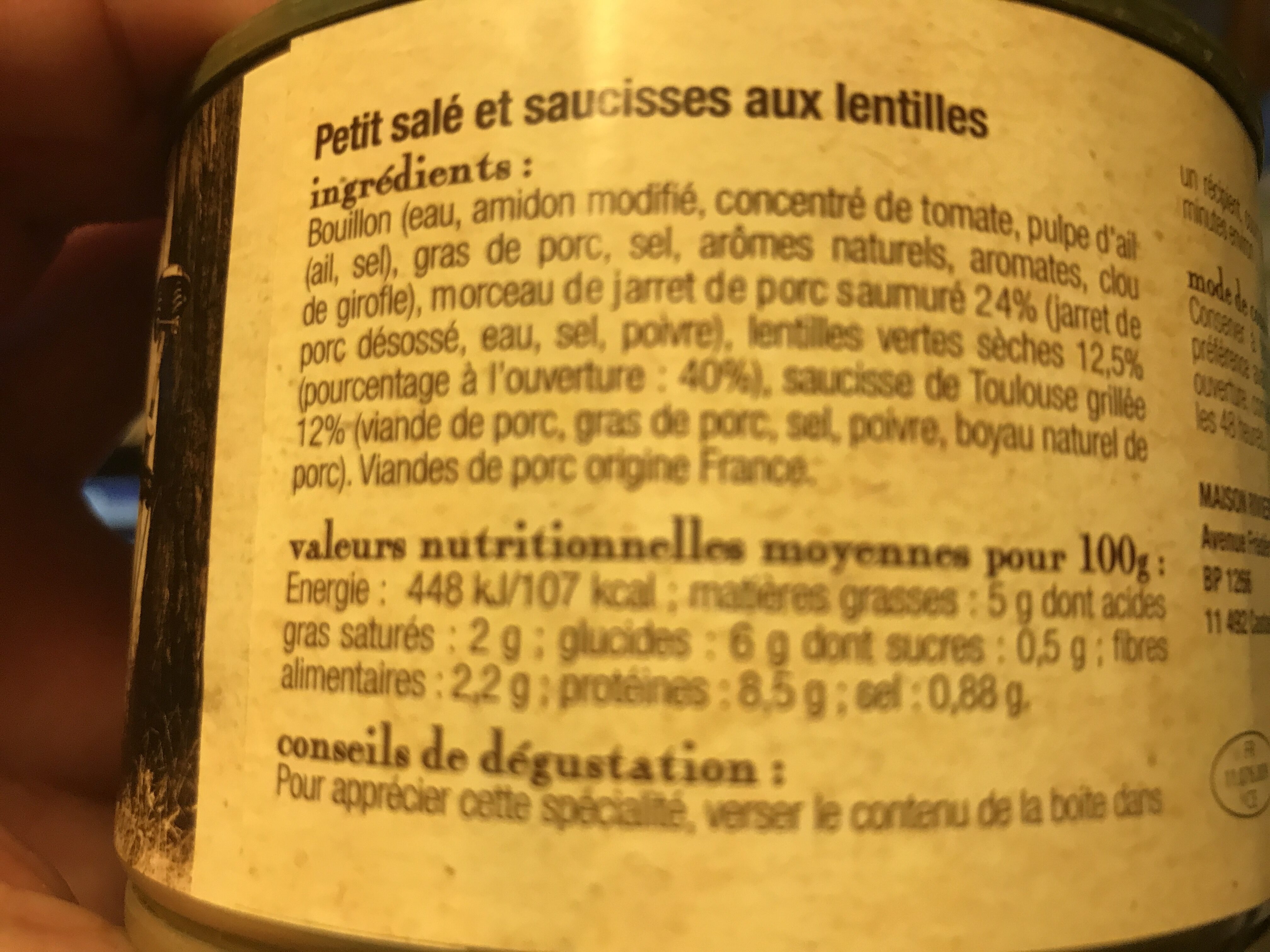 le petit salé et saucisse de Toulouse aux lentilles, boîte 1/2 - Nutrition facts - fr