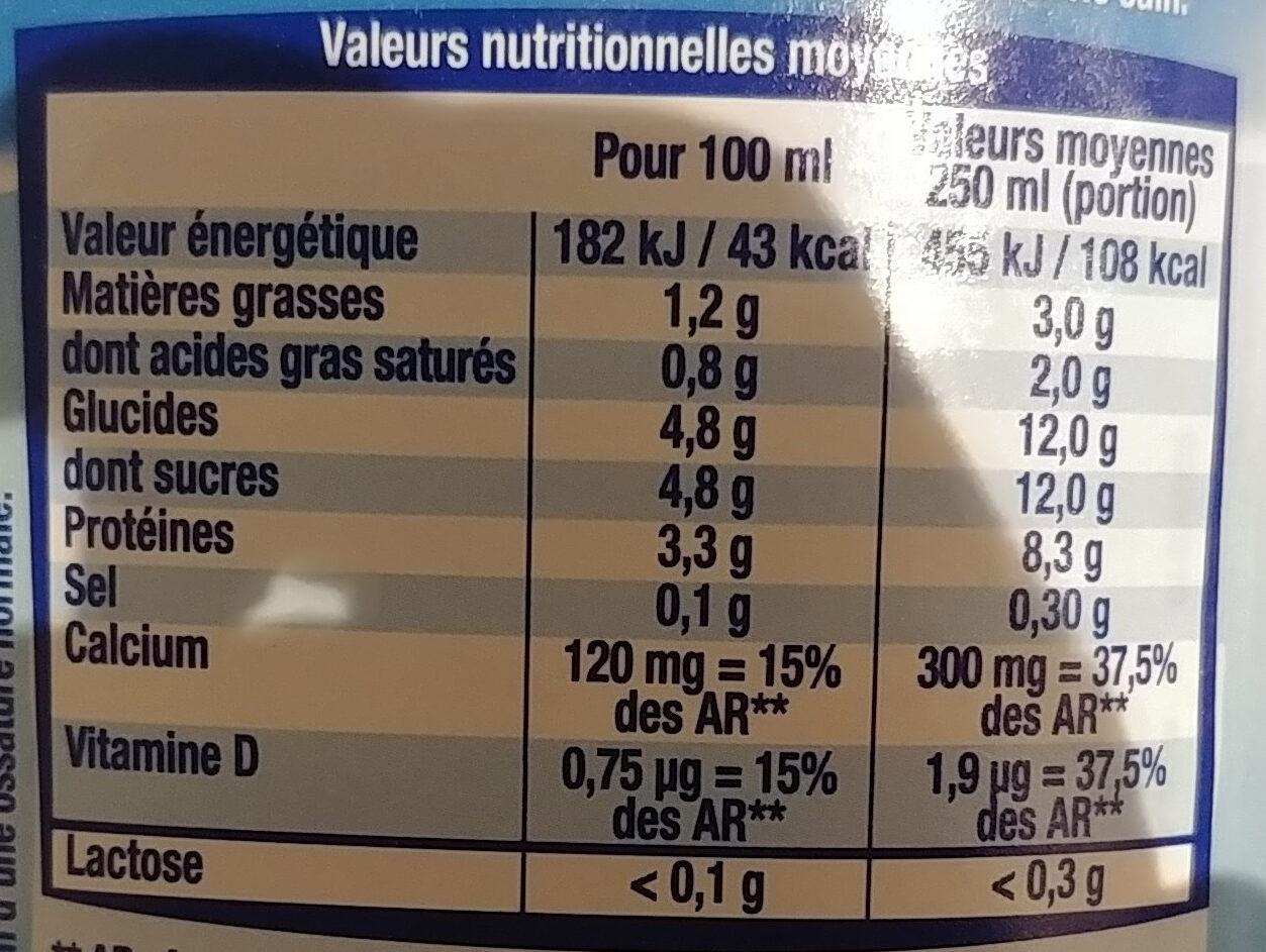 Lait Matin Léger Demi-Écrémé - Nutrition facts - fr