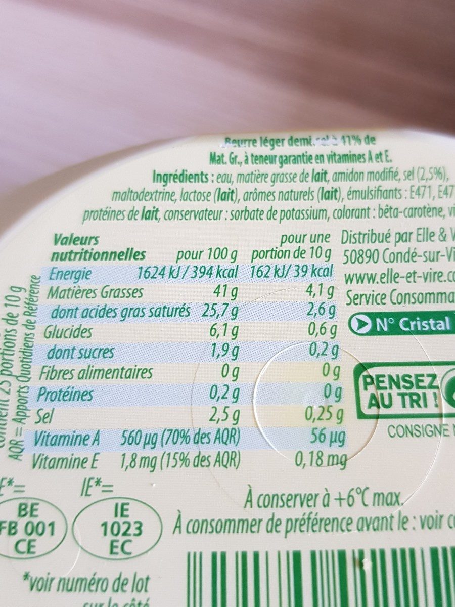 Beurre demi-sel léger 41% - Ingredients - fr