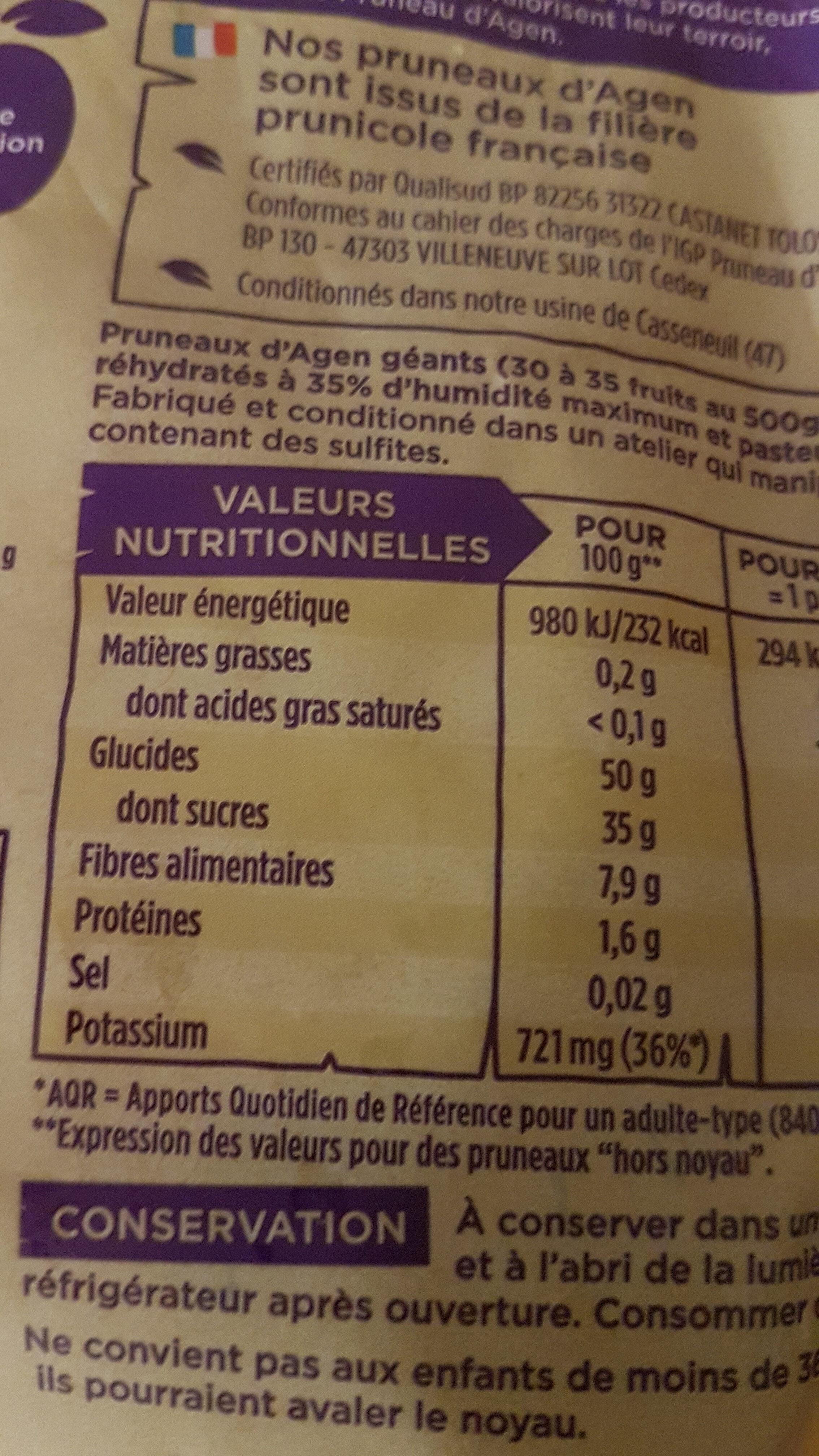 Pruneaux d'agen avec noyaux - Nutrition facts - fr