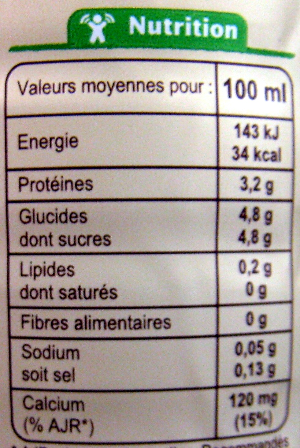 Lait écrémé Stérilisé UHT - Nutrition facts - fr