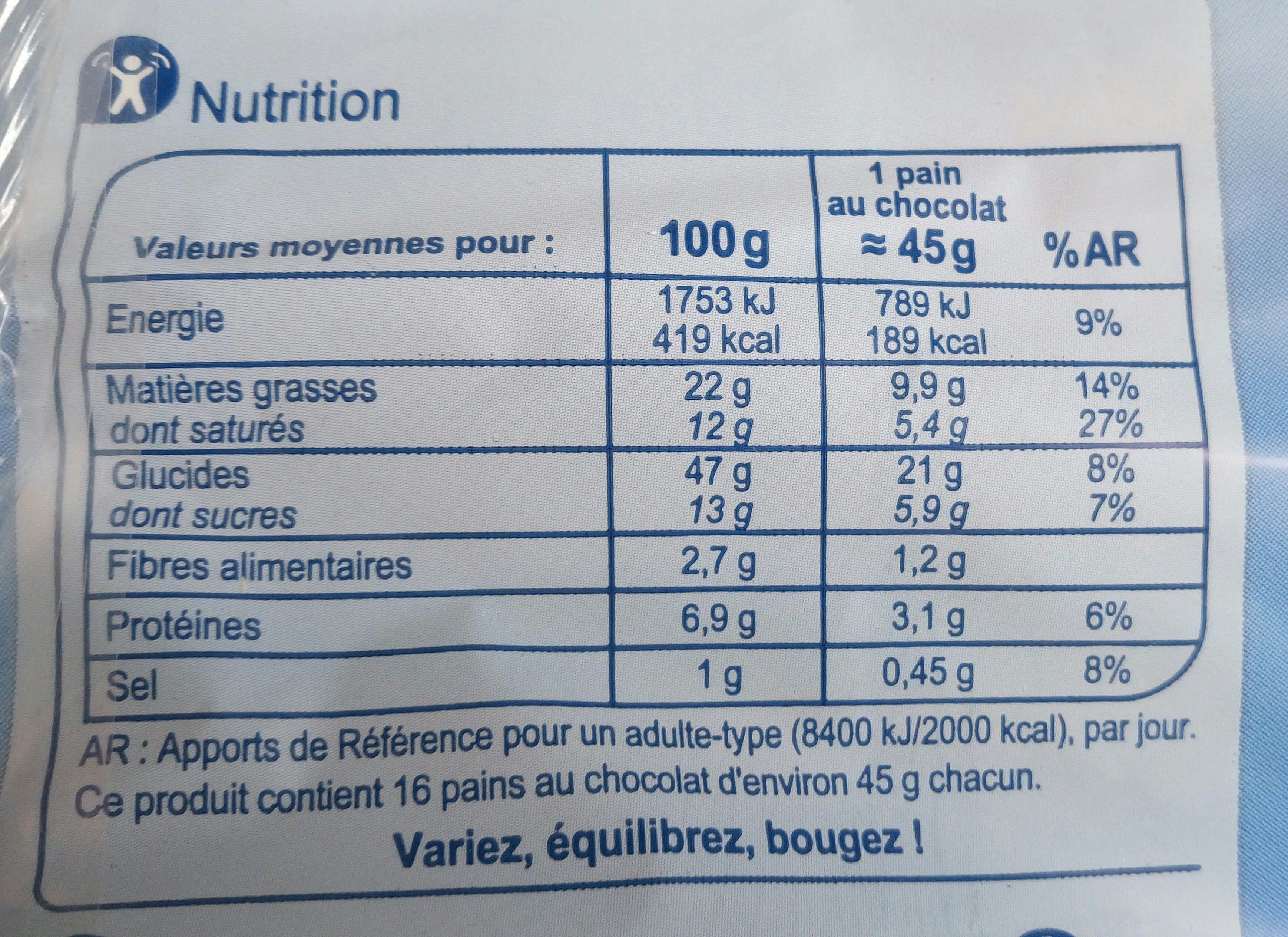 16 pains au chocolat Au levain - Nutrition facts - fr