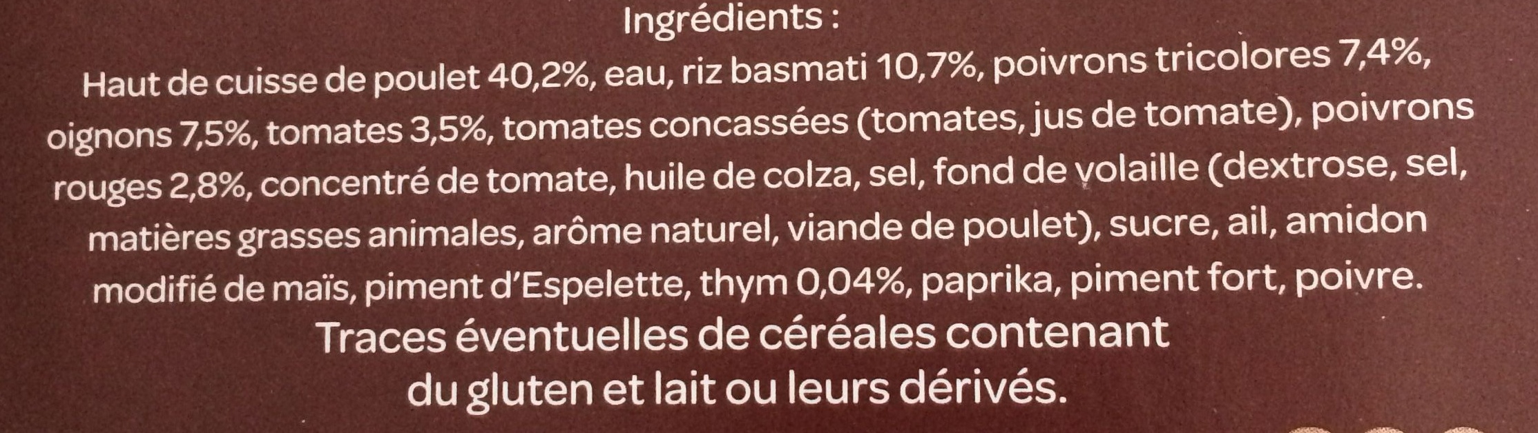 Poulet basquaise et son riz basmati (Les Brasseries) - Ingredients - fr