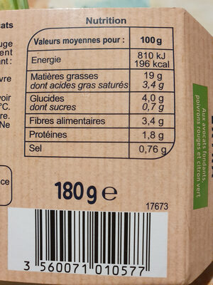 Guacamole Extra - Nutrition facts - fr