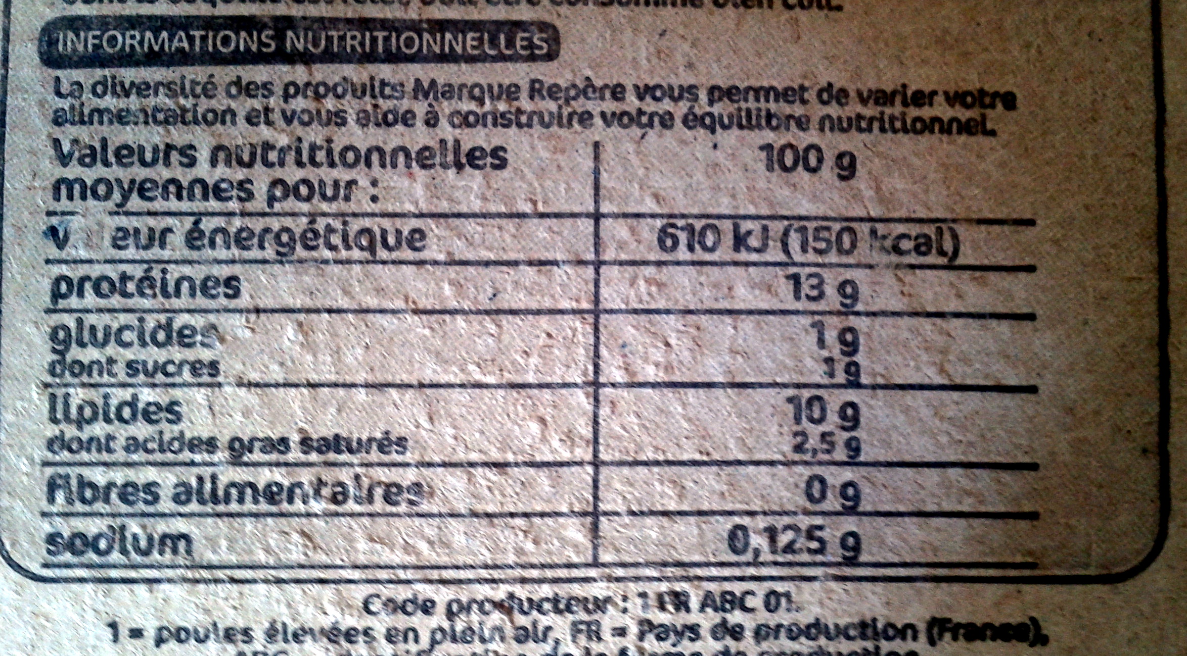 Oeufs plein air Label Rouge x6 - Nutrition facts - fr