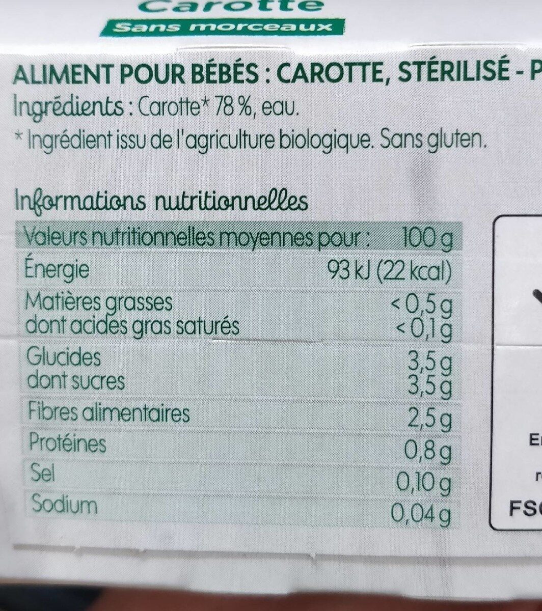 Bio bébé village carotte - Nutrition facts - fr