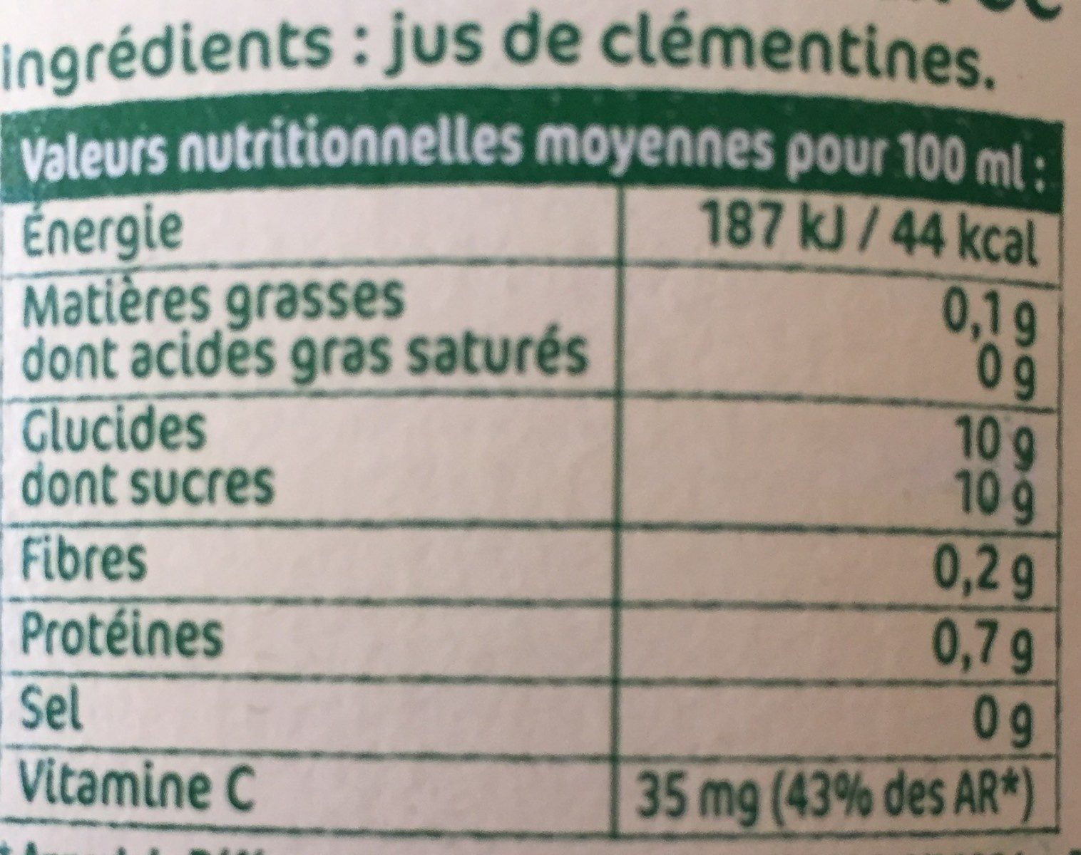 100% pur jus de Clémentines pressées - Nutrition facts - fr