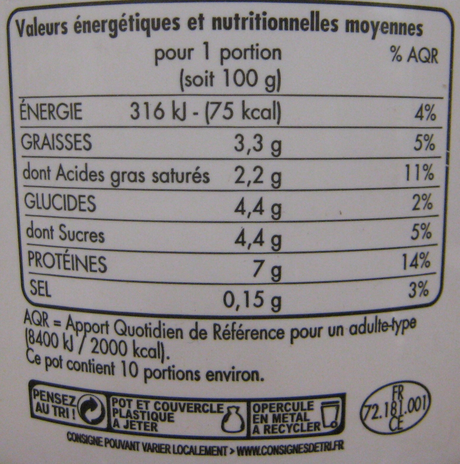 Fromage blanc (3,3 % MG) - Nutrition facts - fr