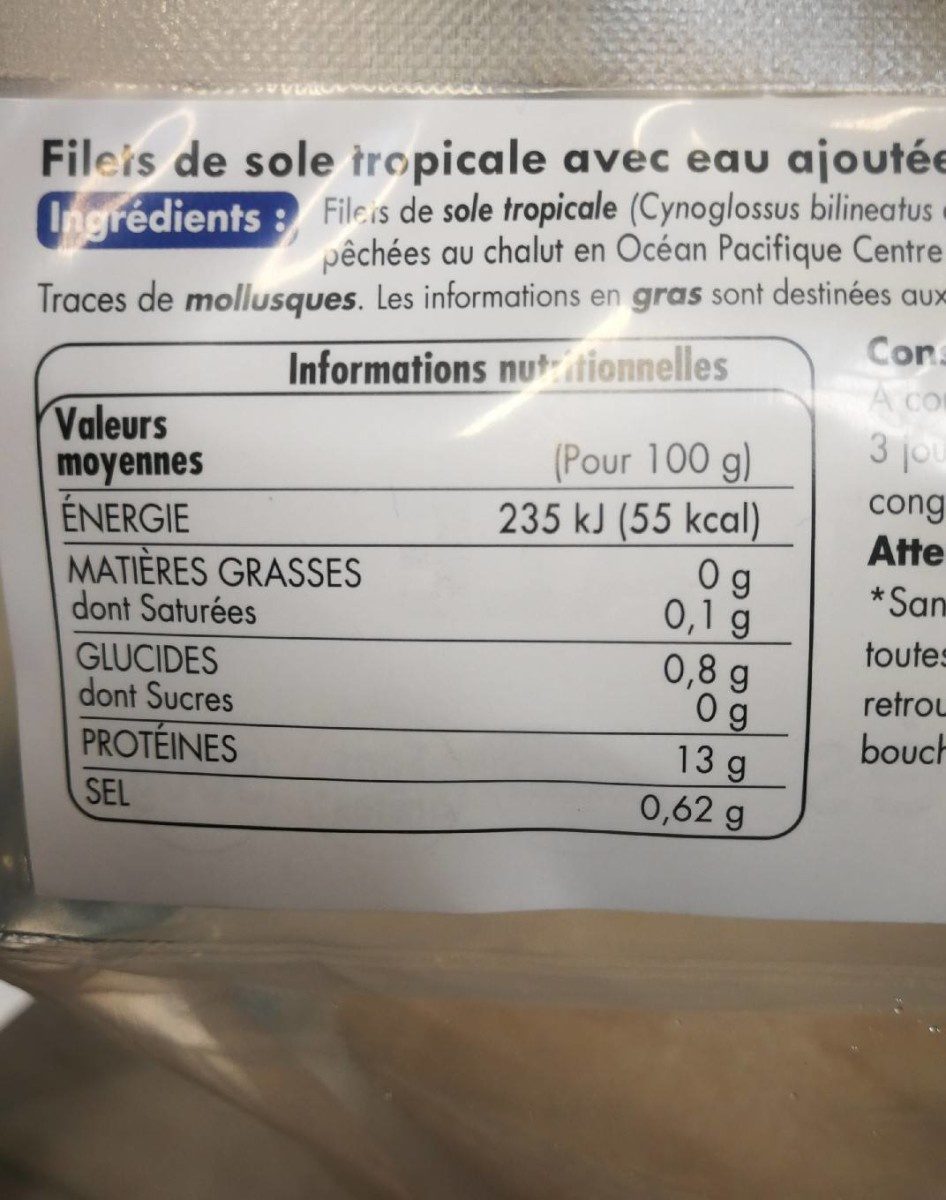 Filets de sole tropicale avec eau ajoutée surgelés sachet + rider - Nutrition facts - fr