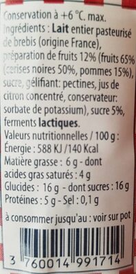 Yaourt brebis au lait entier cerise - Nutrition facts - fr