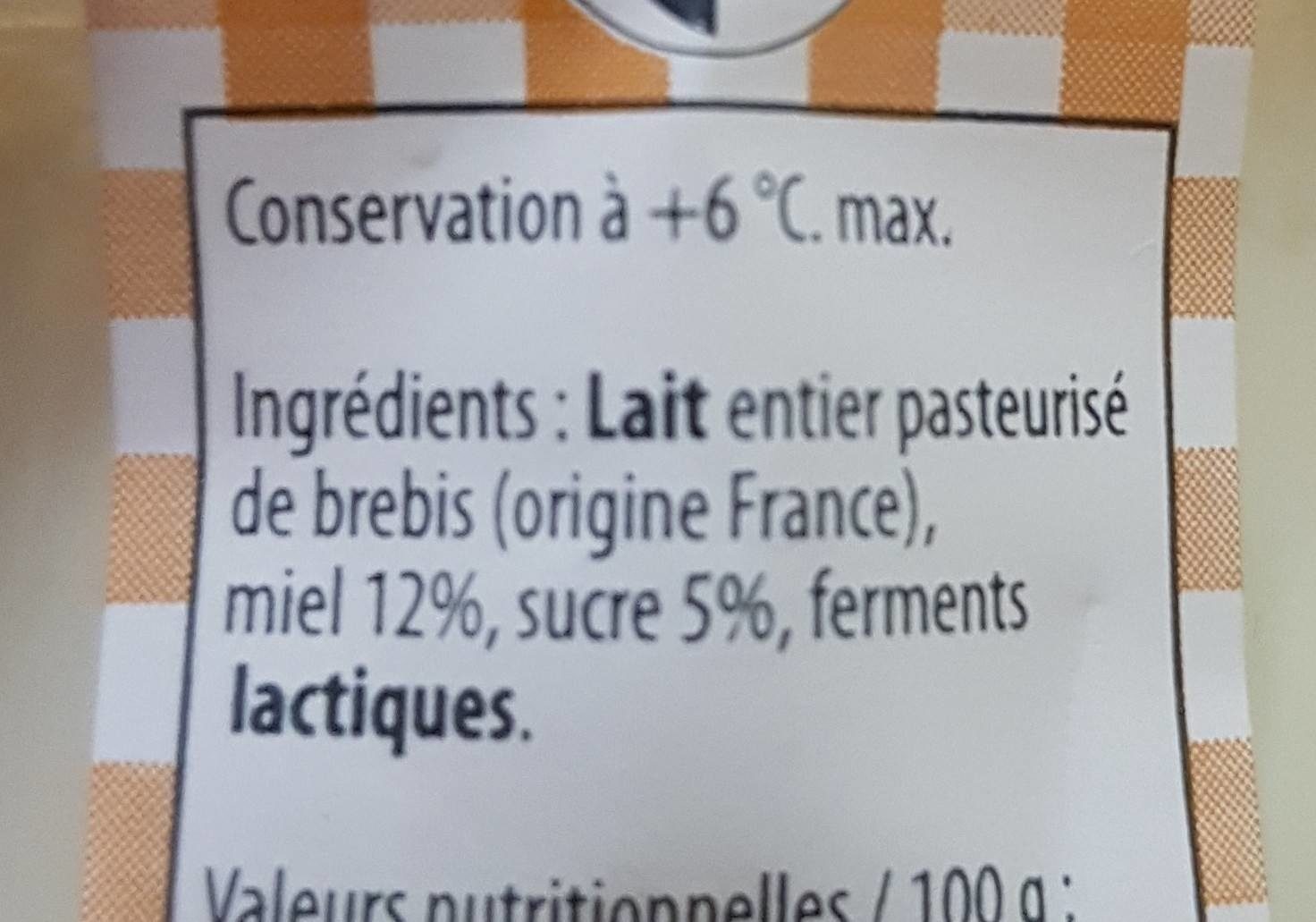 Yaourt brebis au lait entier miel - Ingredients - fr