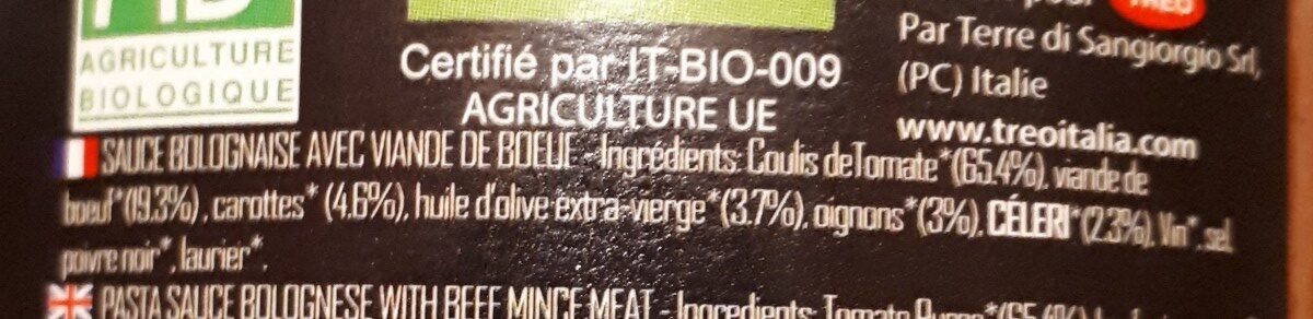 Bolognese (Carne Bovina & Verdure) - Ingredients - fr