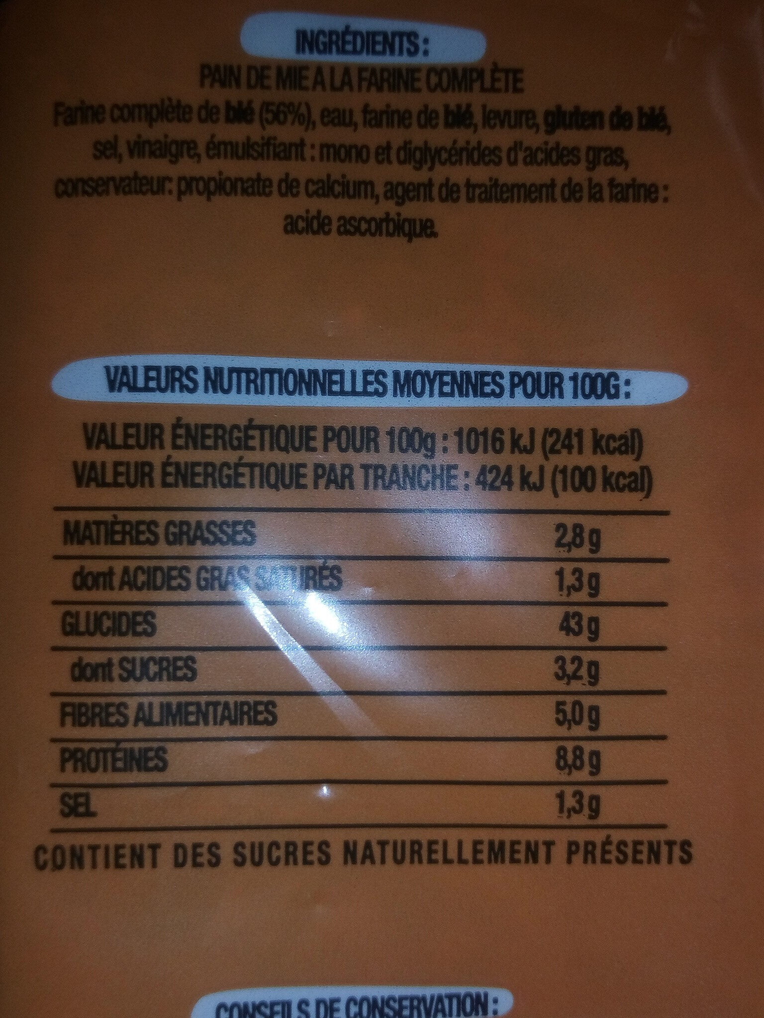 Pain de mie à la farine complète Toastiligne - Ingredients - fr