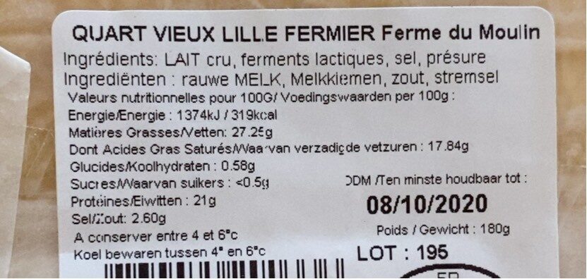 Vieux Lille fermier au lait cru, 29%MG - Nutrition facts - fr