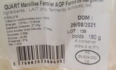 Maroilles Fermier - Nutrition facts - fr
