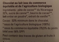 Chocolat lait 53% cacao Nicaragua - Ingredients - fr
