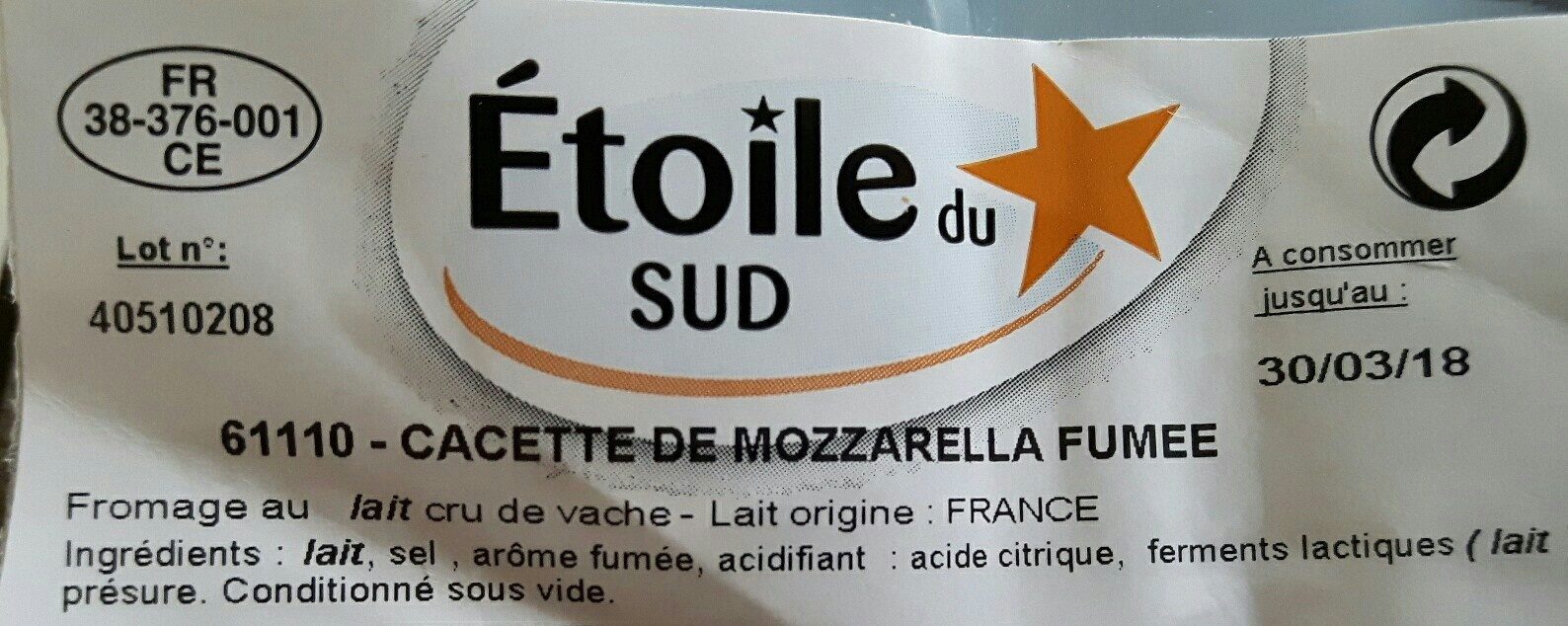 Cacette de Mozarellafumée au lait cru, 20%MG - Ingredients - fr