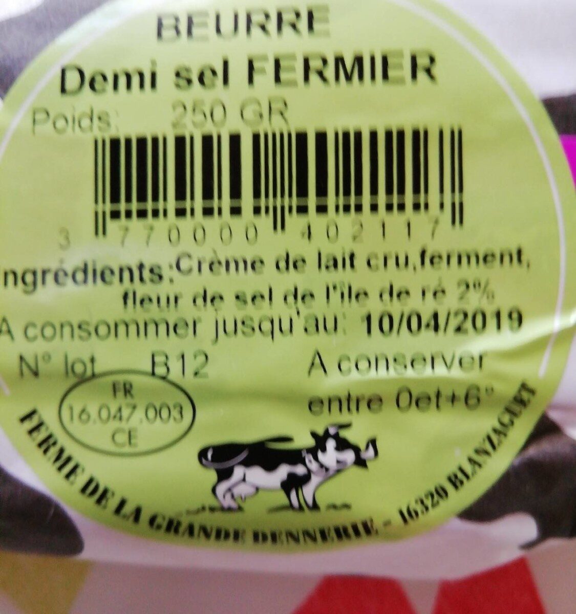 Beurre demi sel fermier - Ingredients - fr