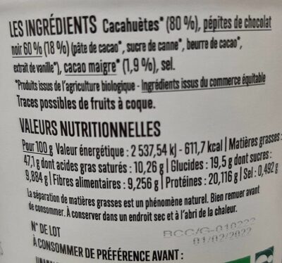 Beurre de cacahuètes chocolat noir Bio - Nutrition facts - fr