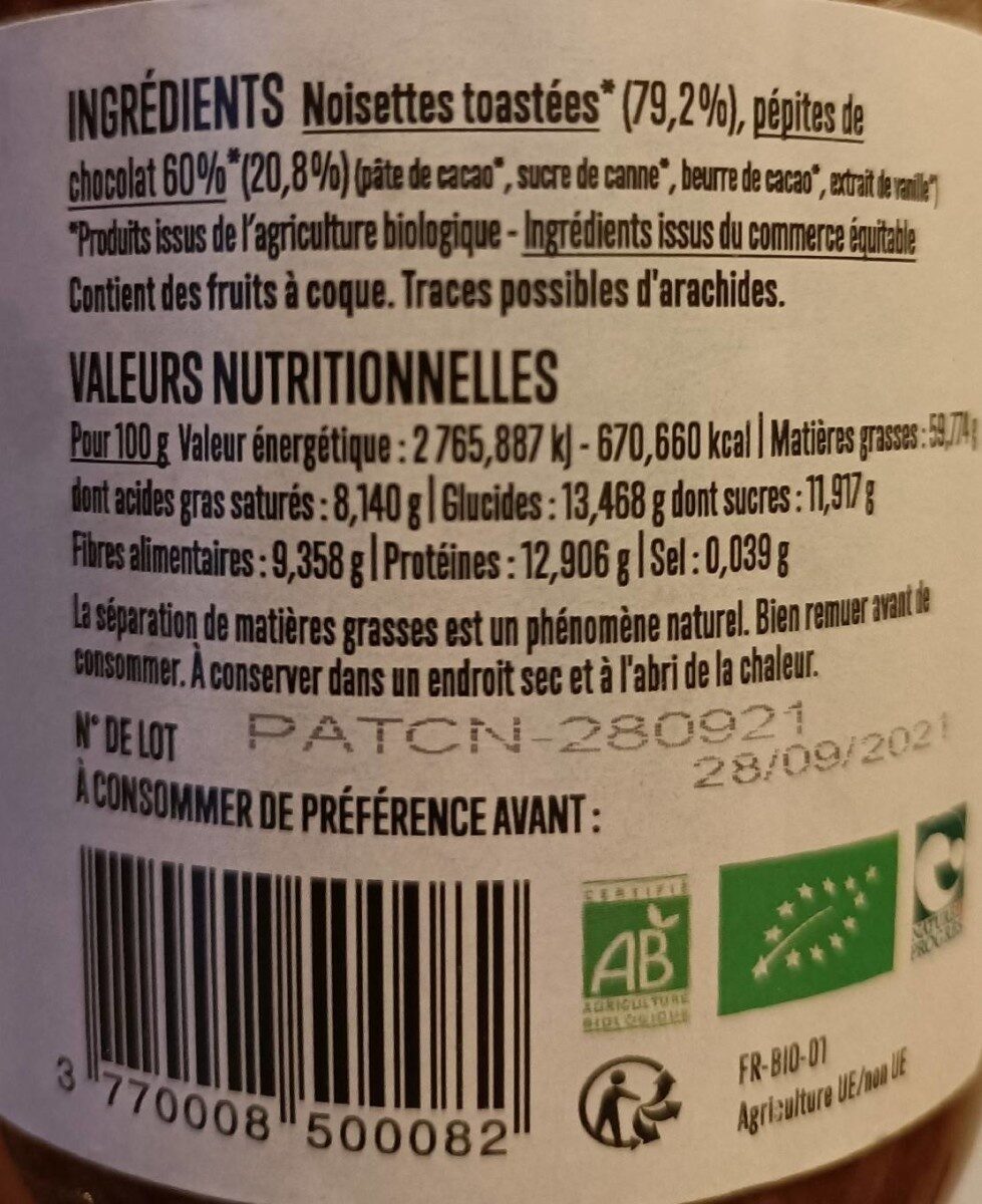 Pâte à tartiner choco-noisettes Bio - Nutrition facts - fr