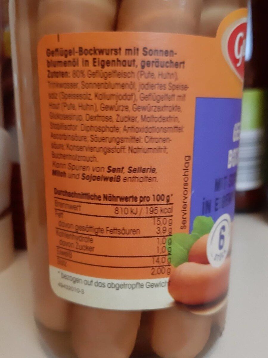 Geflügel Bockwurst mit Sonneblumenöl - Nutrition facts - de