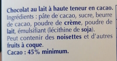 Chocolat au lait 45% cacao - Ingredients - fr