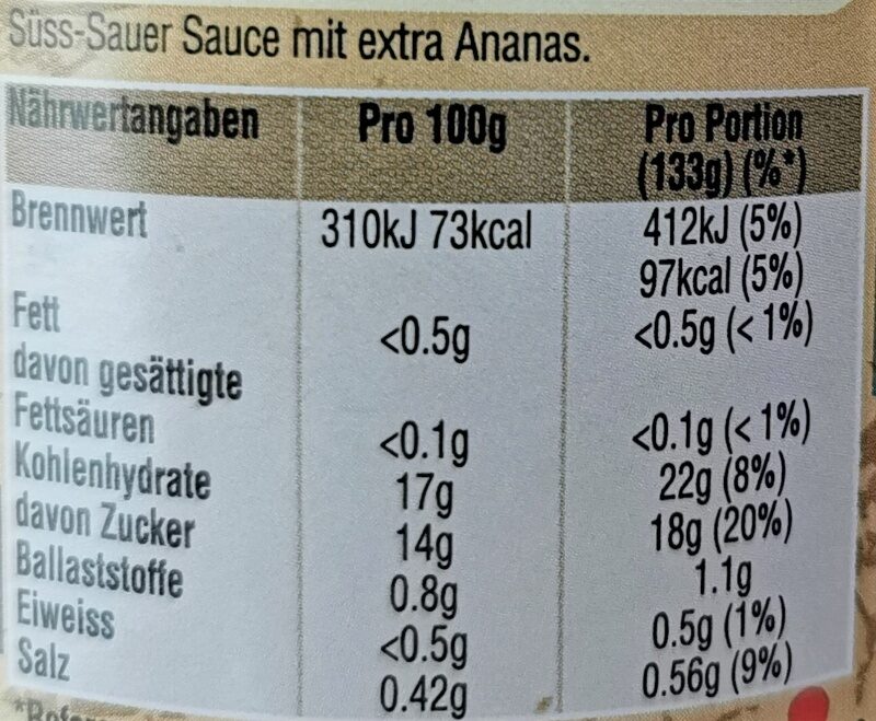 Konserve - Sauce - Süß-Sauer Extra Ananas Sauce - Nutrition facts - de