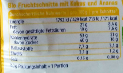 Kokos Ananas Fruchtschnitte - Nutrition facts - de