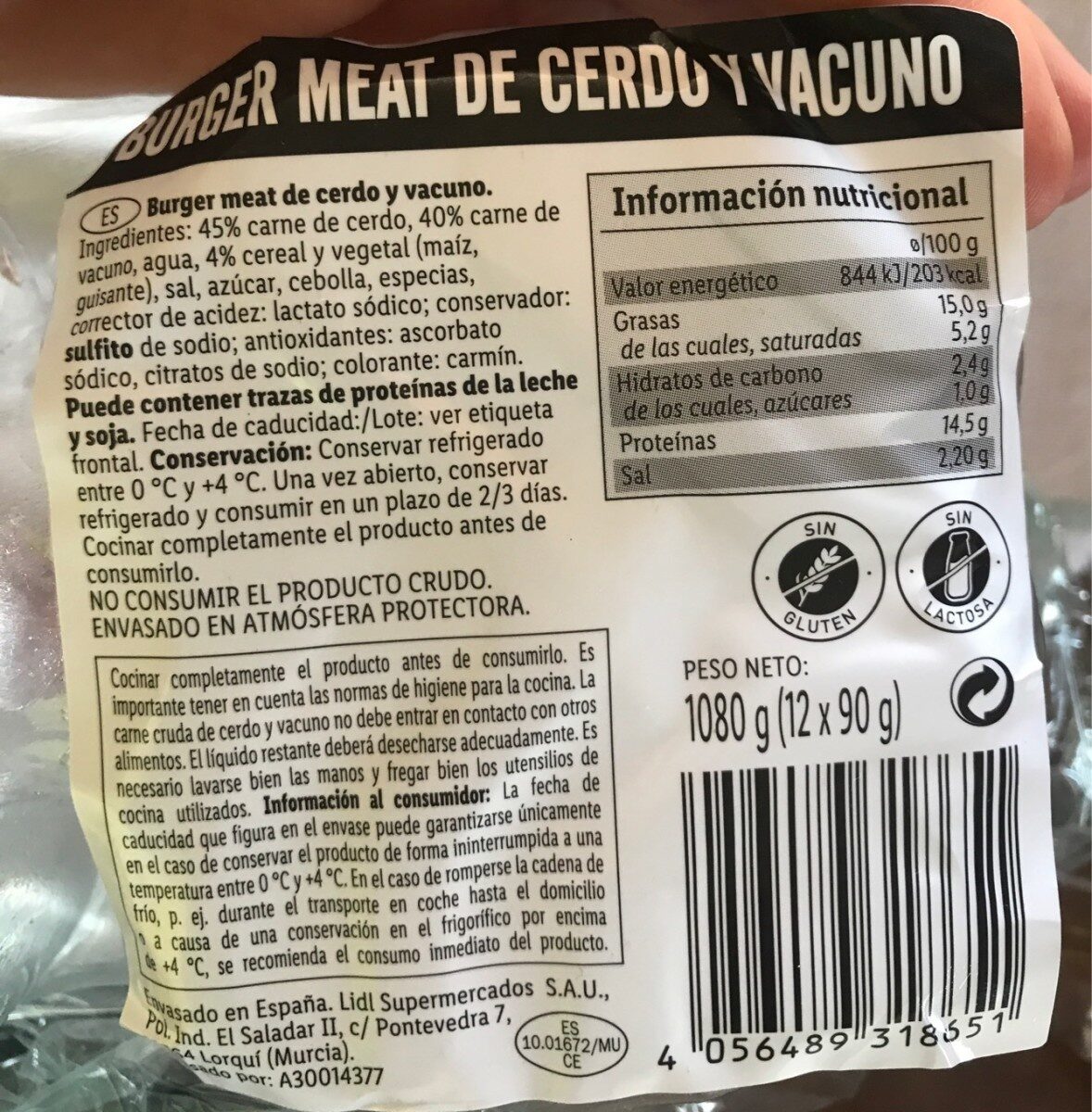 Burger meat de cerdo y vacuno - Nutrition facts - es