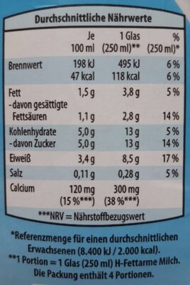 Haltbare Fettarme H-Milch 1,5 % Fett - Nutrition facts - en