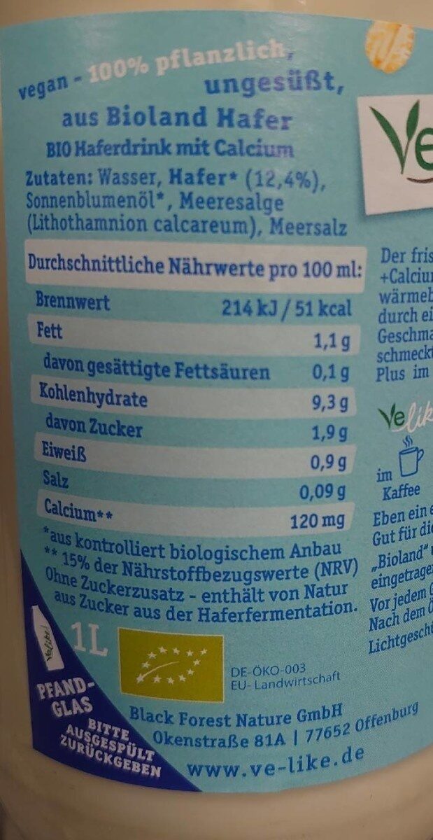 Velike Hafer drink + Calcium - Nutrition facts - de