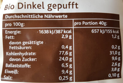 Bio Dinkel gepufft - Nutrition facts
