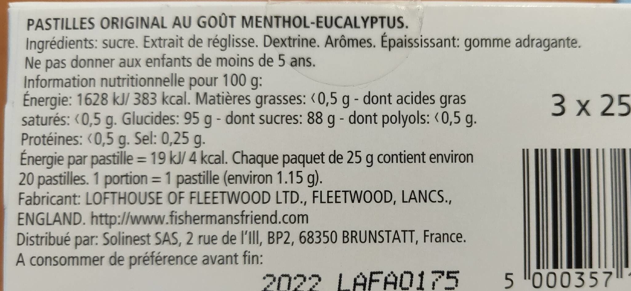 Pastilles menthol-eucalyptus - Nutrition facts - fr