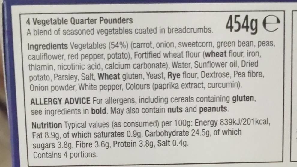 4 vegetable quarter pounder - Nutrition facts - en