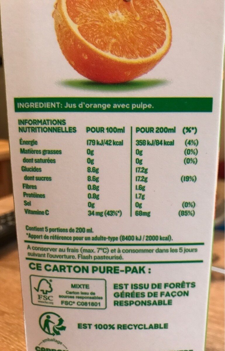 Tropicana Pure premium oranges pressées avec pulpe 1 L - Nutrition facts - fr