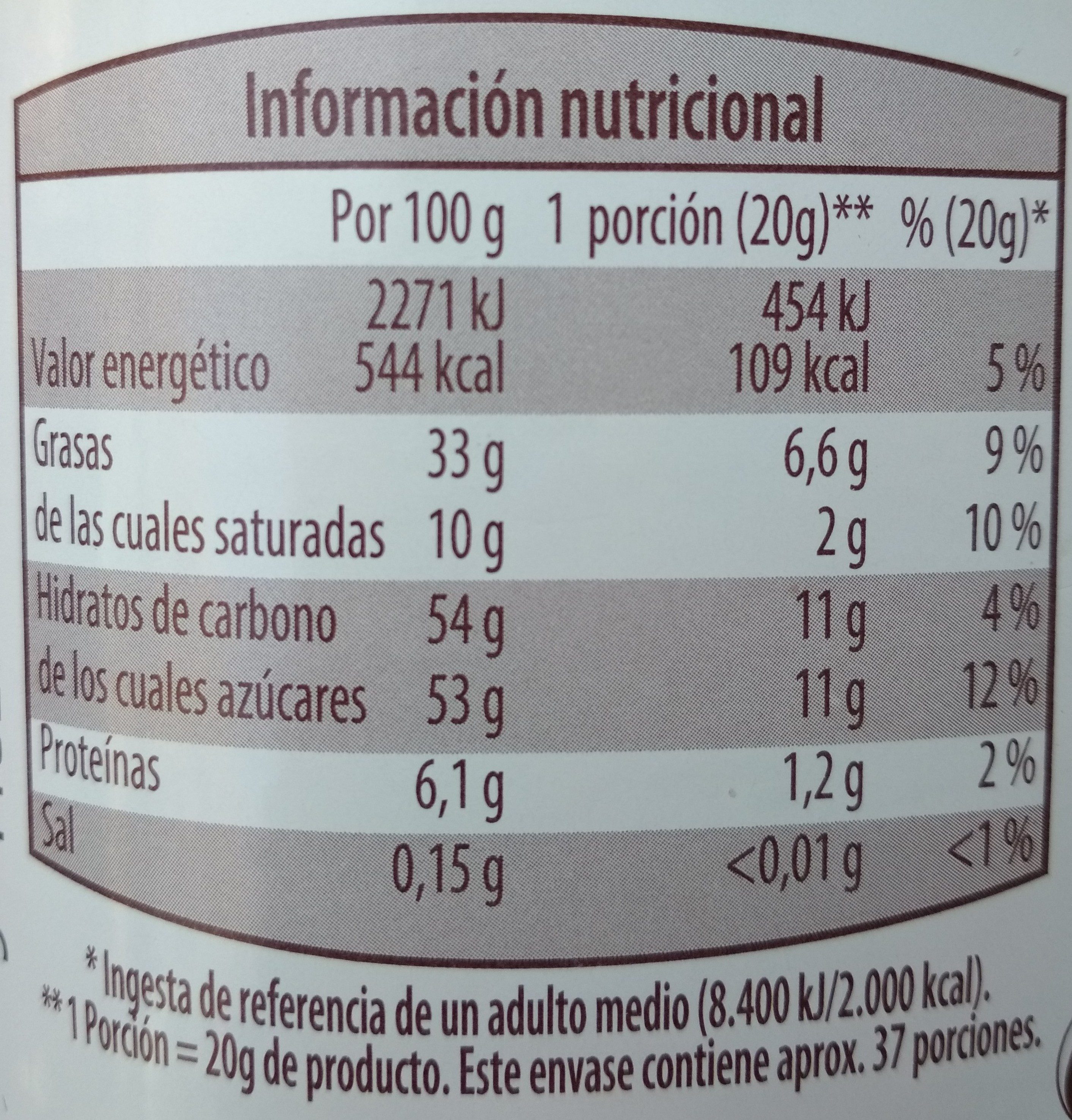 Crema de cacao y avellanas - Nutrition facts - es