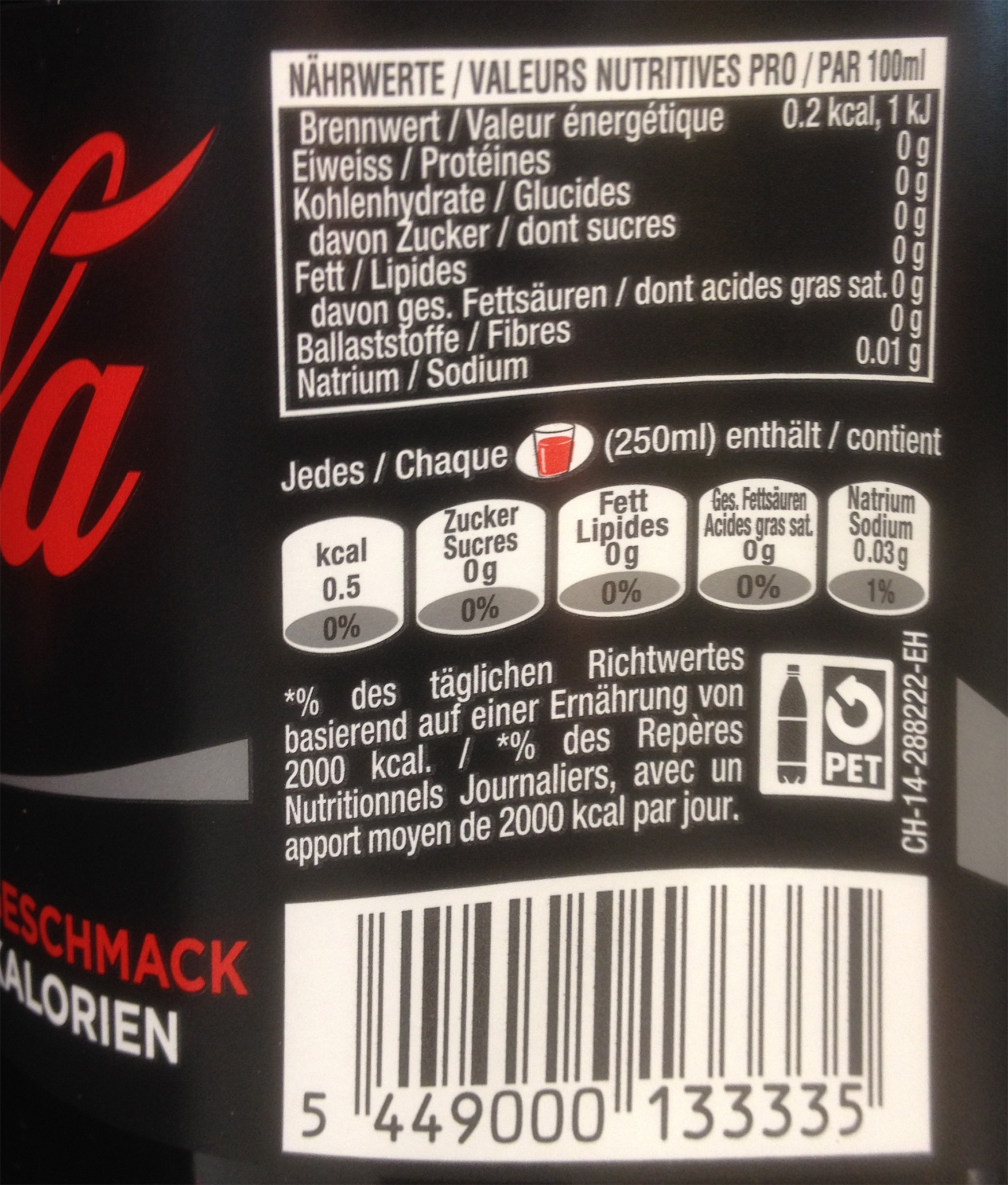 Coca Cola Zero - Nutrition facts