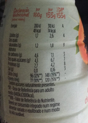 Activia manga e papaia zero açúcares adicionados - Nutrition facts - pt