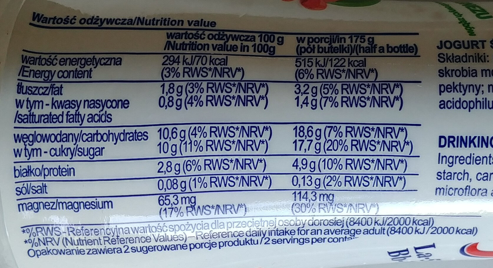 Jogurt śliwka z owocami goji do picia - Nutrition facts - pl
