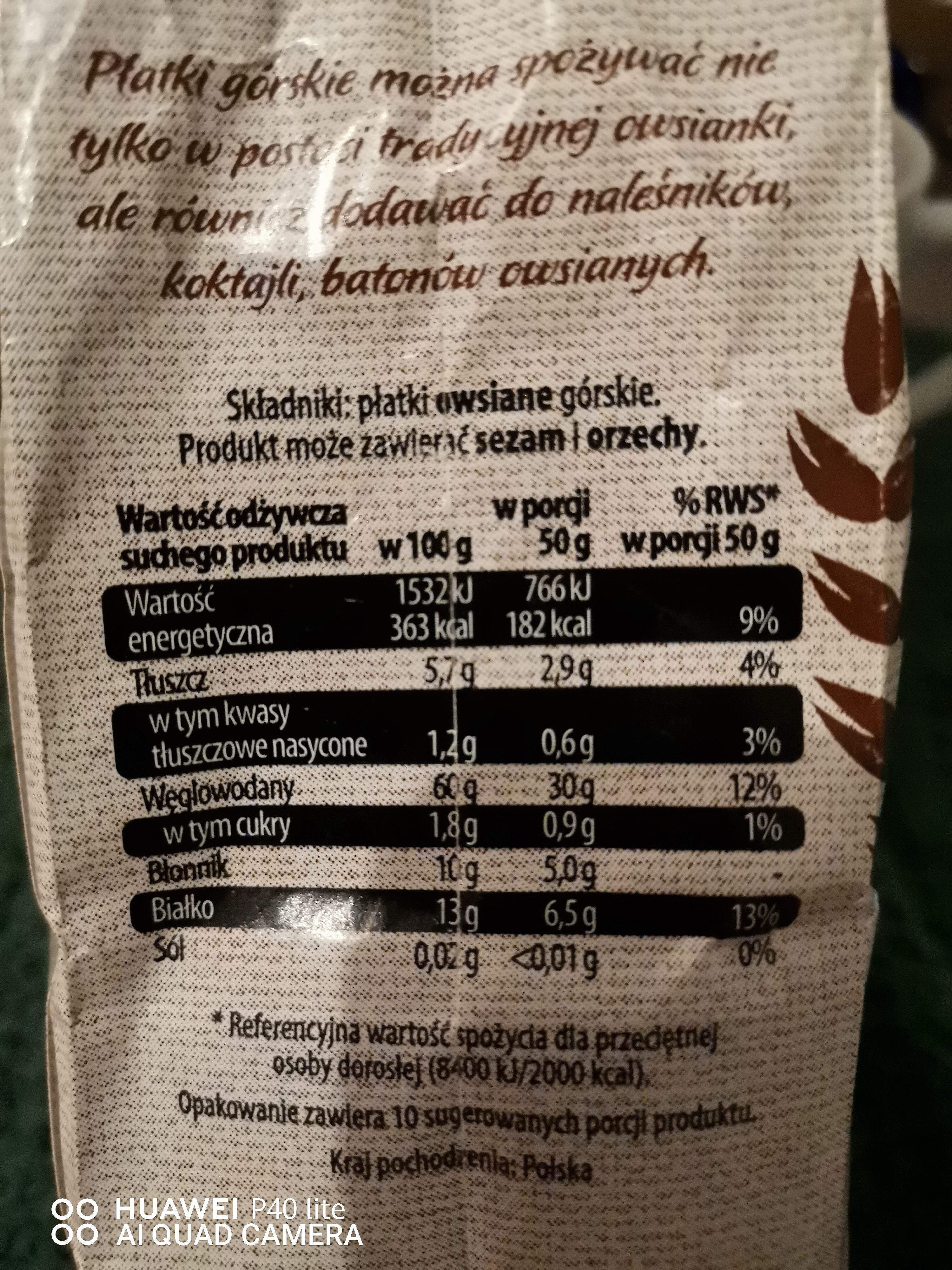 płatki owsiane - Nutrition facts - pl