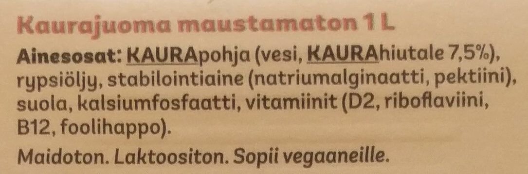 Kaurajuoma Maustamaton - Ingredients - fi